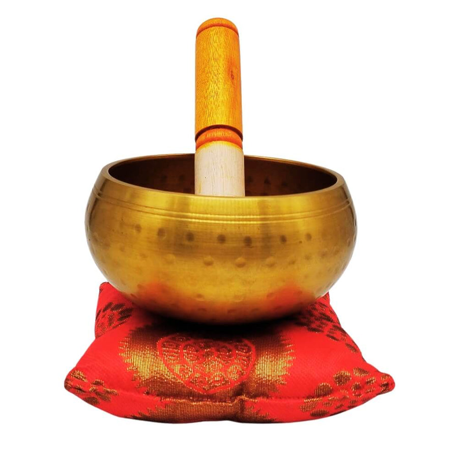 Singing sound bowl with red cushion and striker, front view